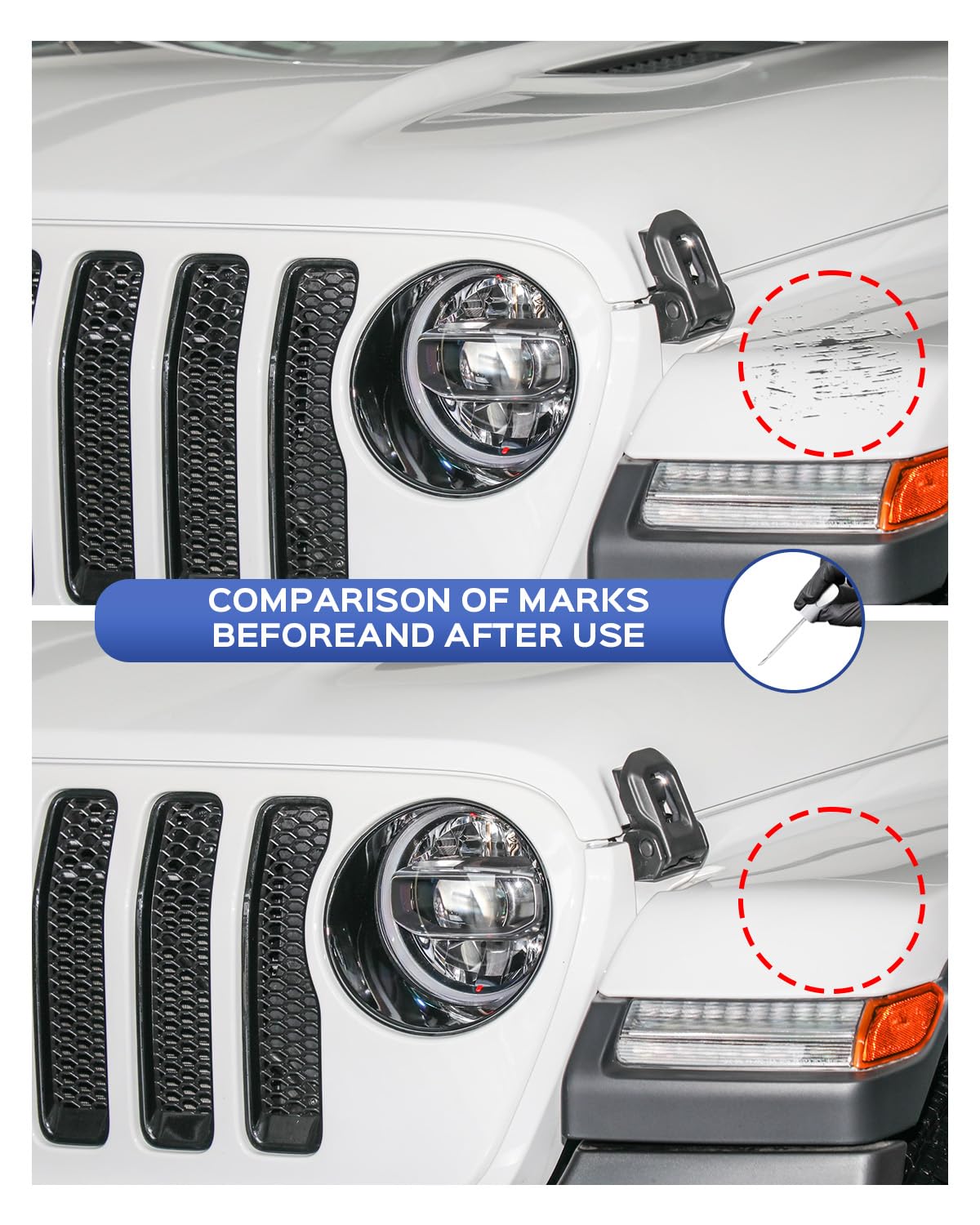 Close-up of PARTS4EV pen applying paint to a Jeep scratch