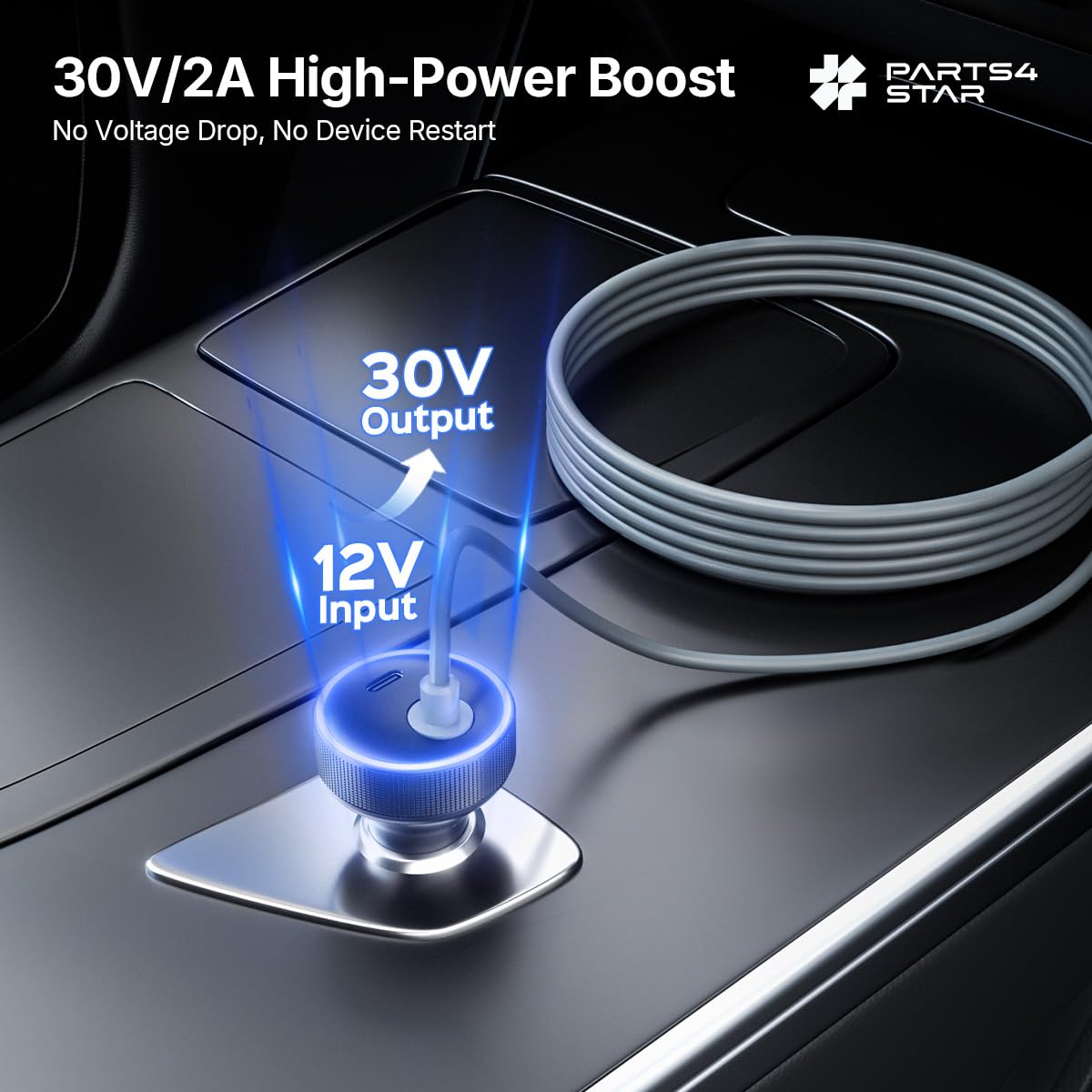 Parts4Star Starlink Mini car adapter USB-C port supports simultaneous charging.