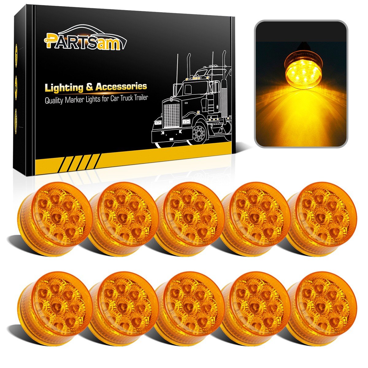 Partsam 2-inch amber LED side marker light with 9 LEDs for high visibility.