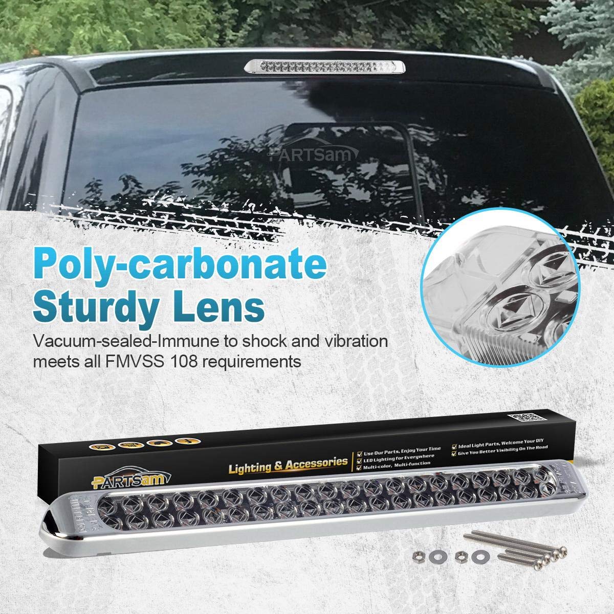 Partsam 17-inch clear-lens tail light bar shows the 3rd brake function in action.