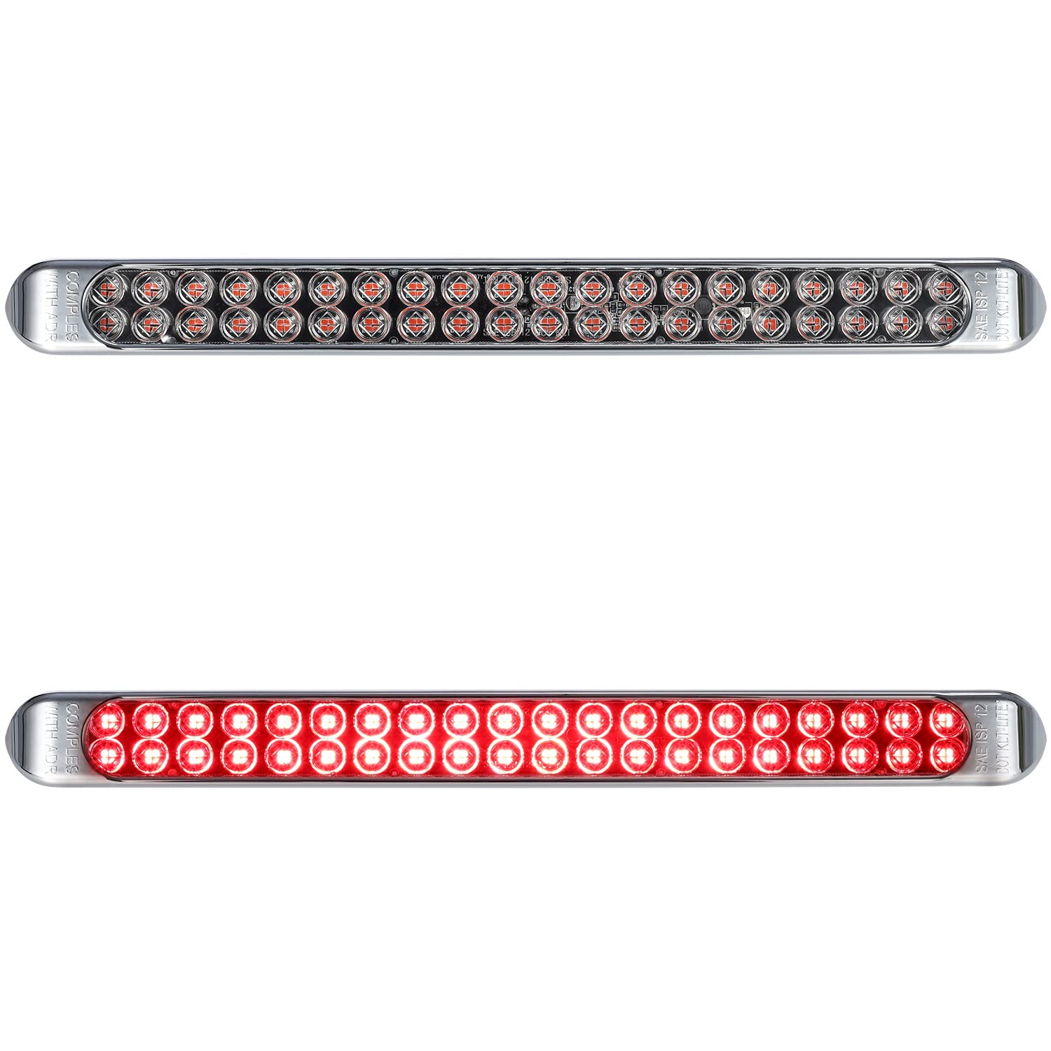 Partsam 17-inch clear-lens tail light front view highlights bright red LEDs for high visibility.