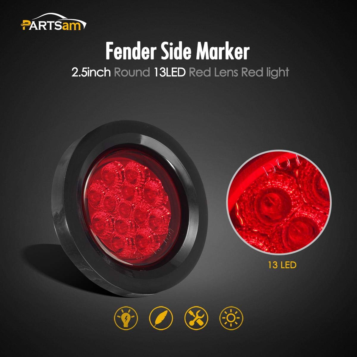Partsam 2-5 inch round red 13-LED clearance light for trucks increases conspicuity.