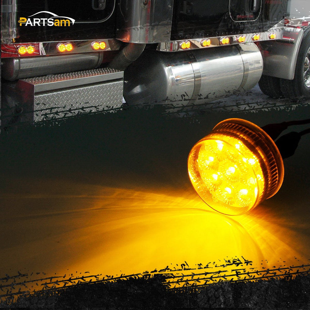 Partsam 2-inch round amber LED light with reflector for brighter visibility.