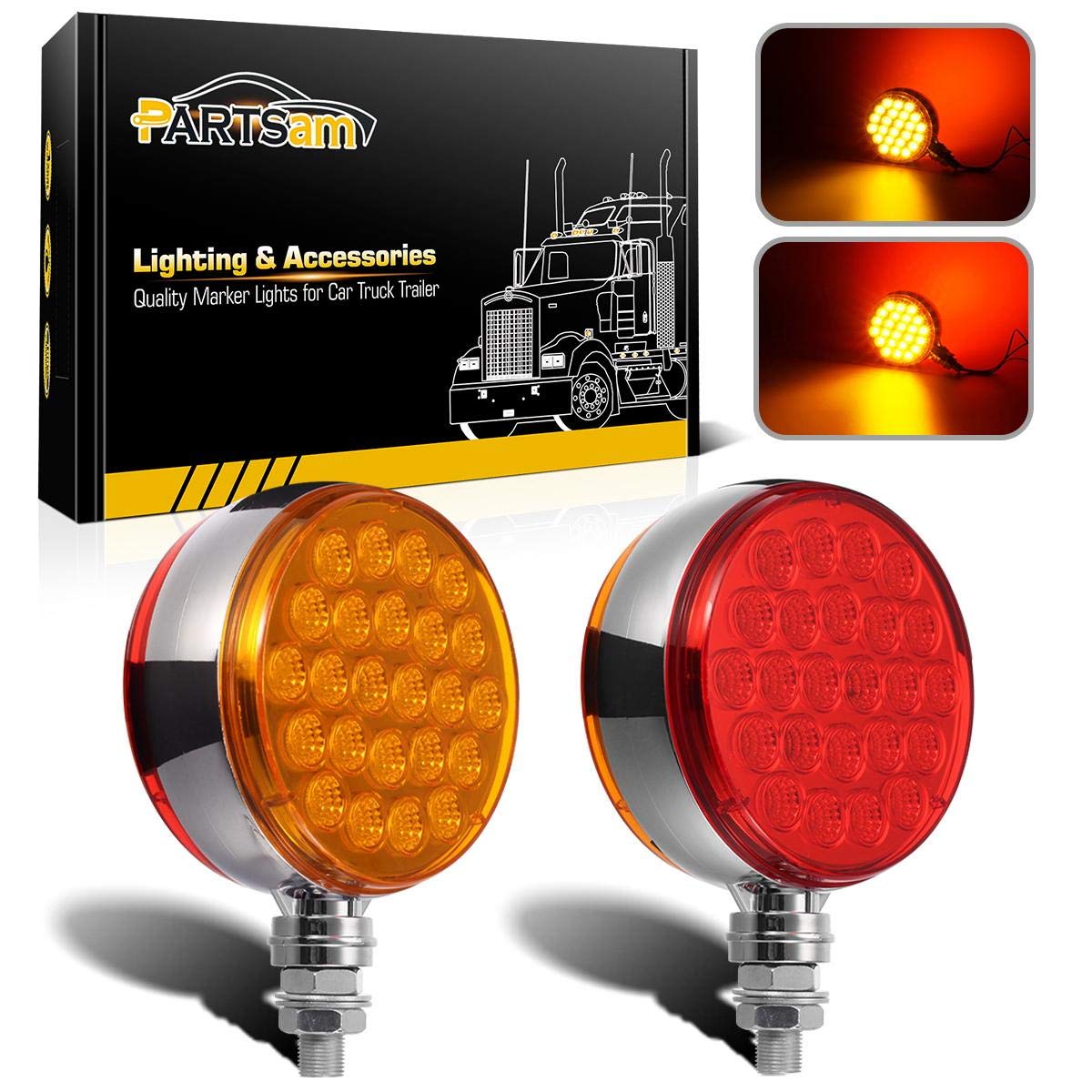 Partsam 2pc 4-inch round double-faced pedestal light front view enhances truck signaling
