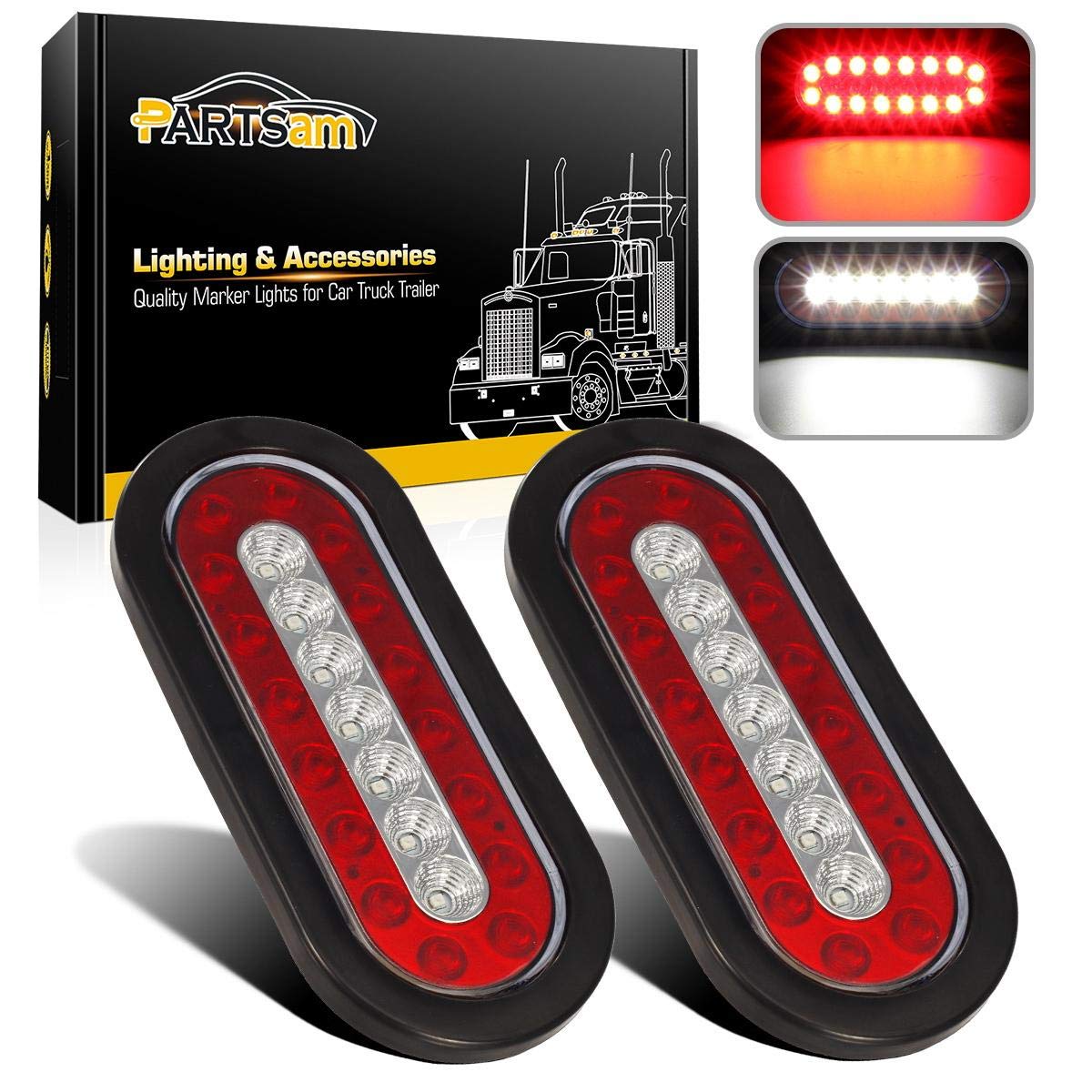 Partsam 2Pcs 6.3in oval trailer tail light red for braking and visibility.