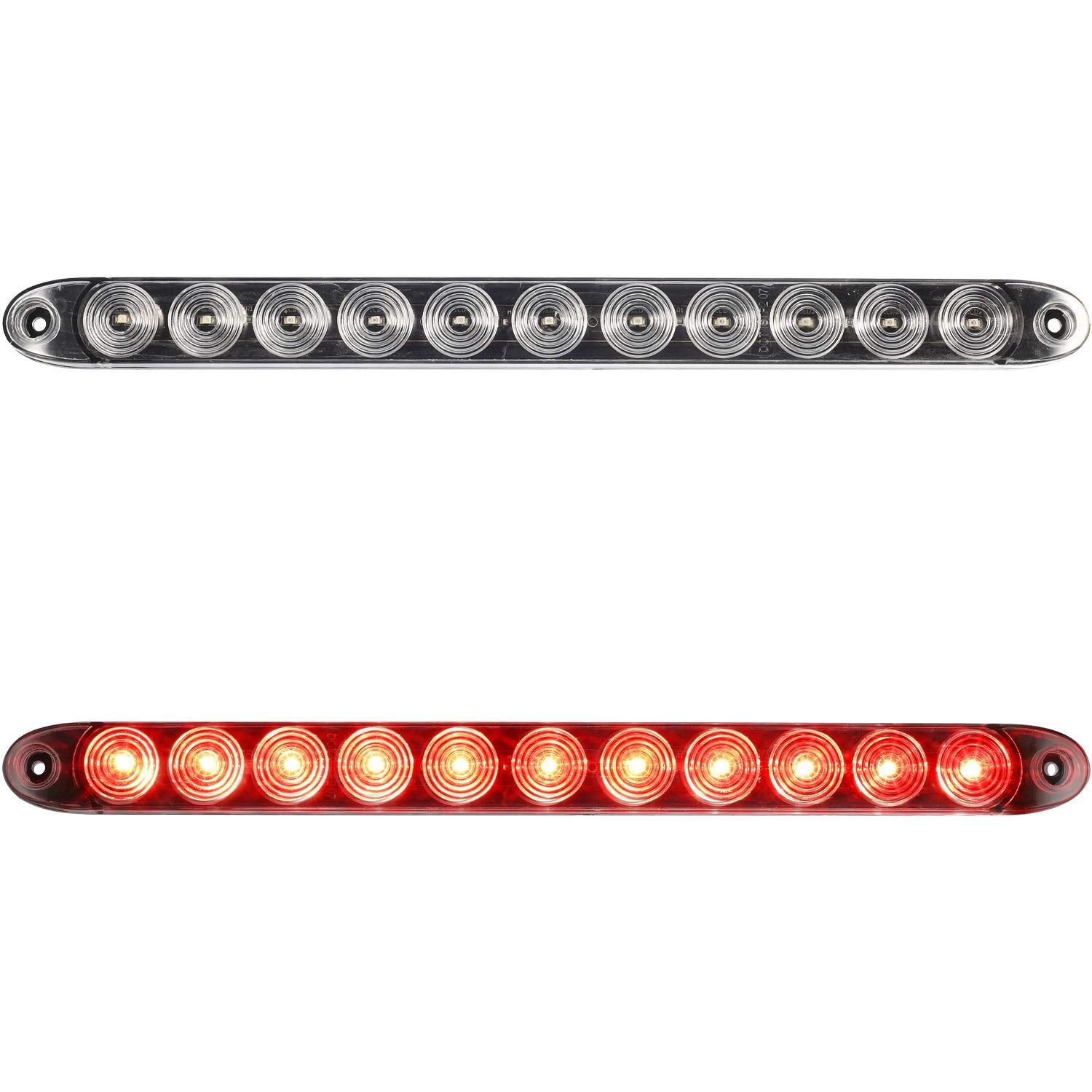 Partsam 2pcs 15-inch clear lens red LED light bar for enhanced stop and turn signaling.
