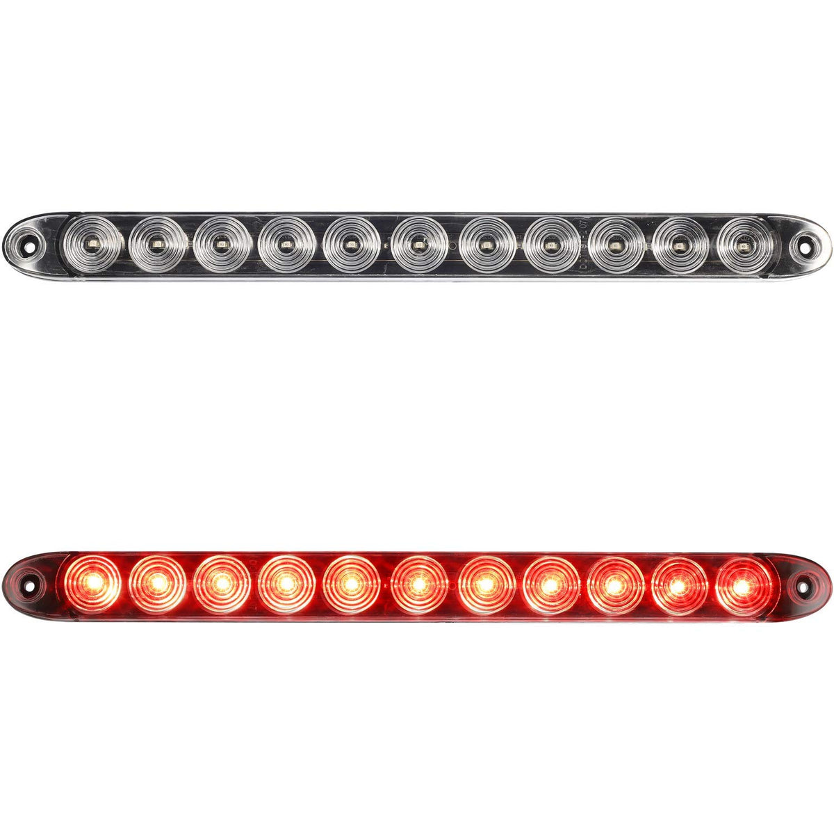 Partsam 2pcs 15-inch clear lens red LED light bar for enhanced stop and turn signaling.