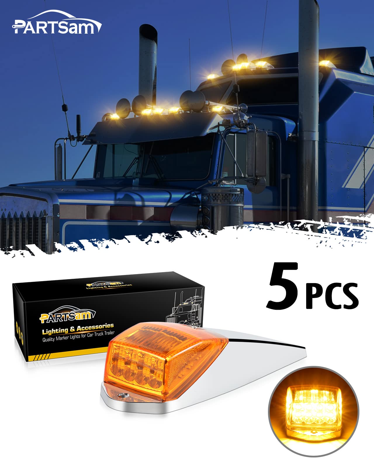 Partsam 31LED amber cab marker light close-up with chrome base for durability