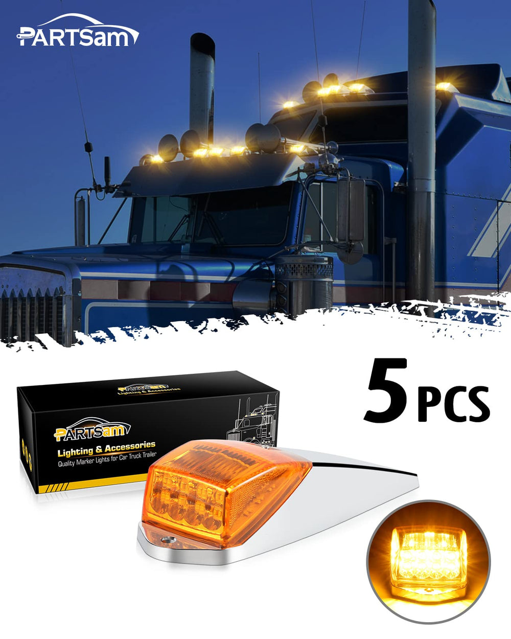 Partsam 31LED amber cab marker light close-up with chrome base for durability