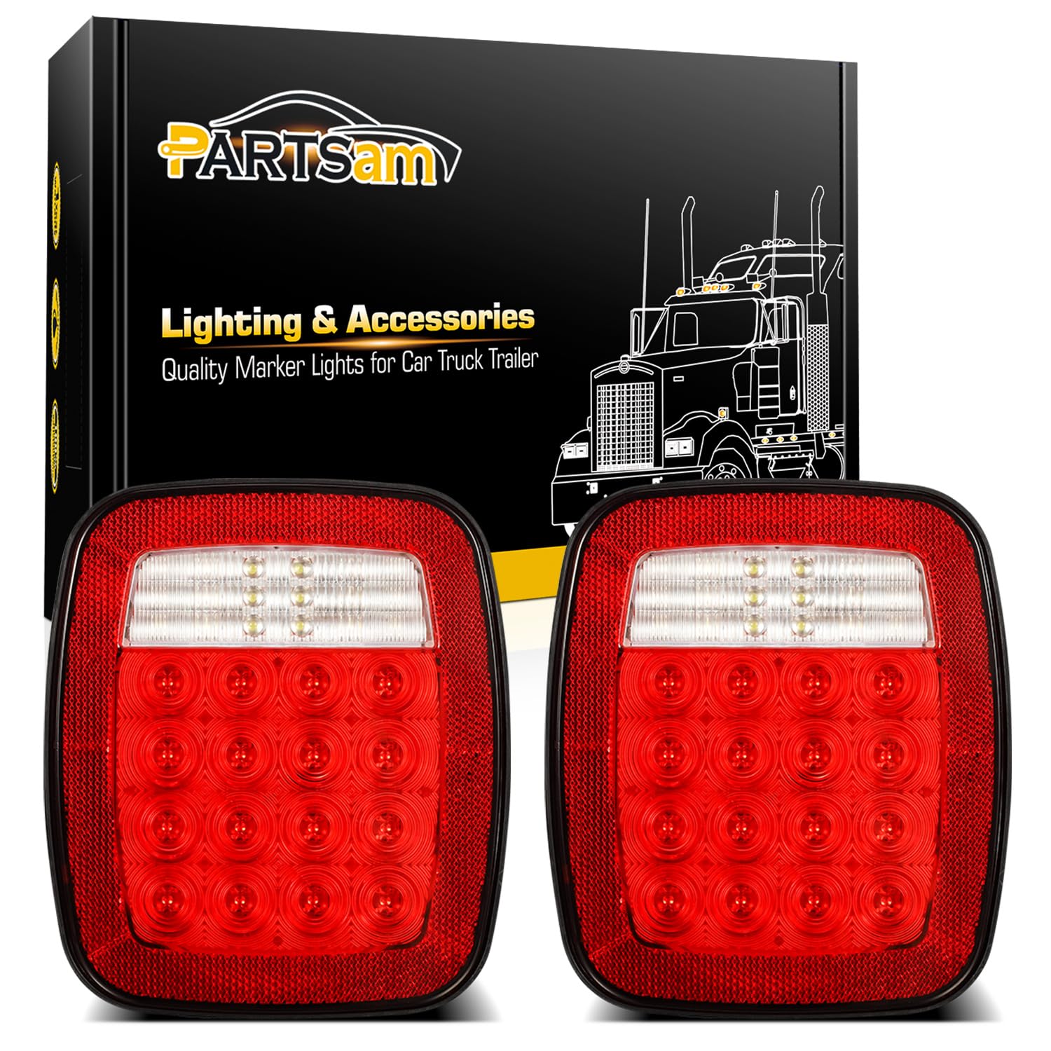 Partsam 38 LED universal tail light pair in weatherproof housing for 12V vehicles.