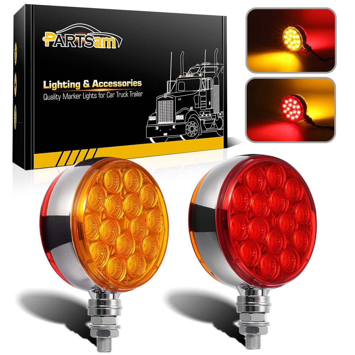 Partsam 3-inch round double-face light for trucks with amber forward and red rear.