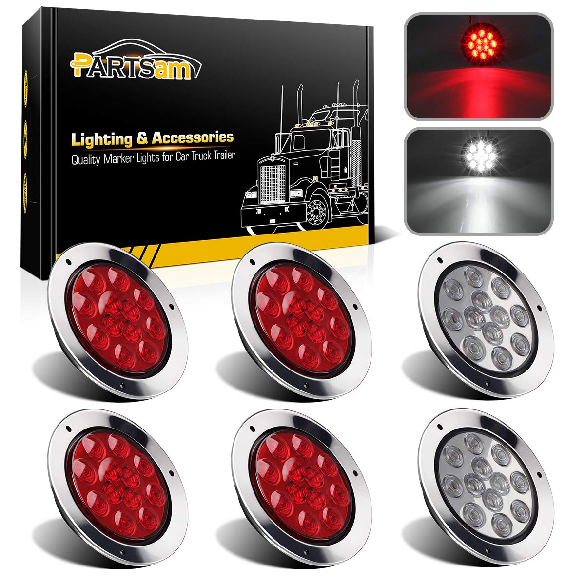 Partsam 4-inch red LED trailer light with front lens for enhanced daytime visibility.