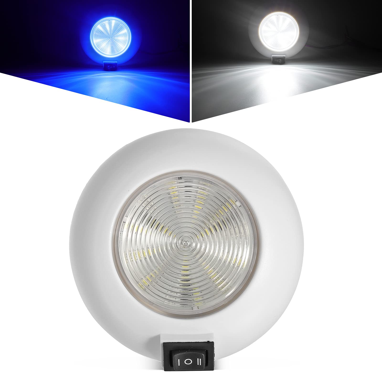 Partsam 4-inch round LED dome light surface mount for RV interiors with blue and white modes.