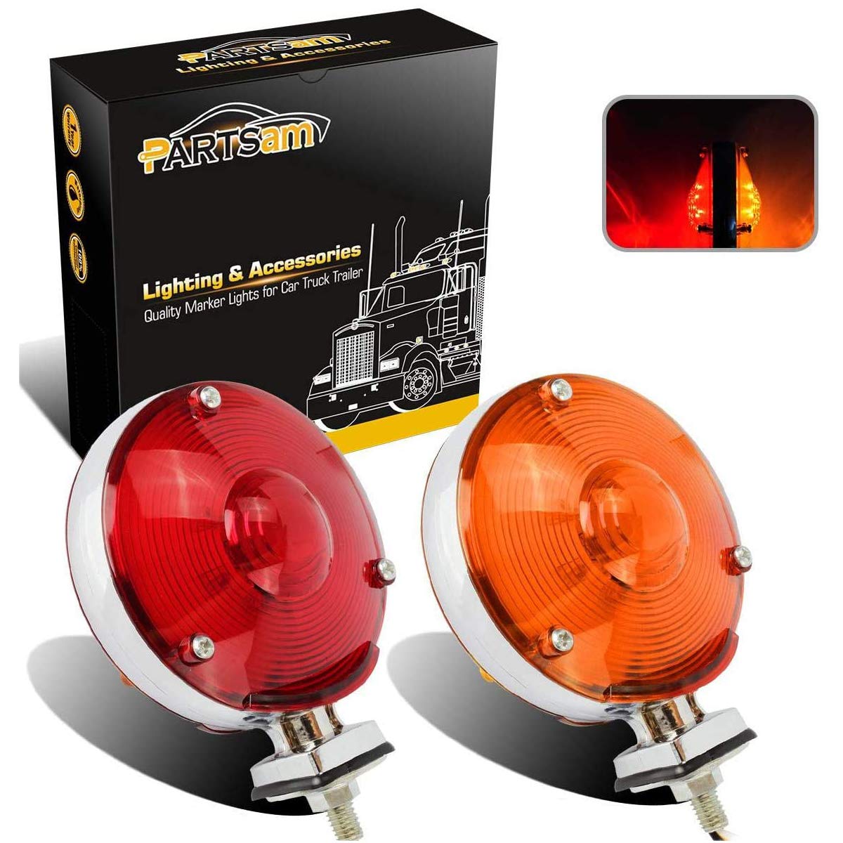 Partsam 4-inch amber-faced pedestal light for parking and signaling on trailers.
