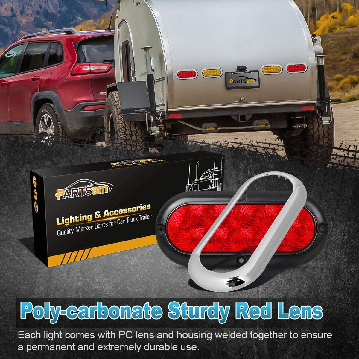 Partsam oval LED trailer light showing bright red signaling on trucks