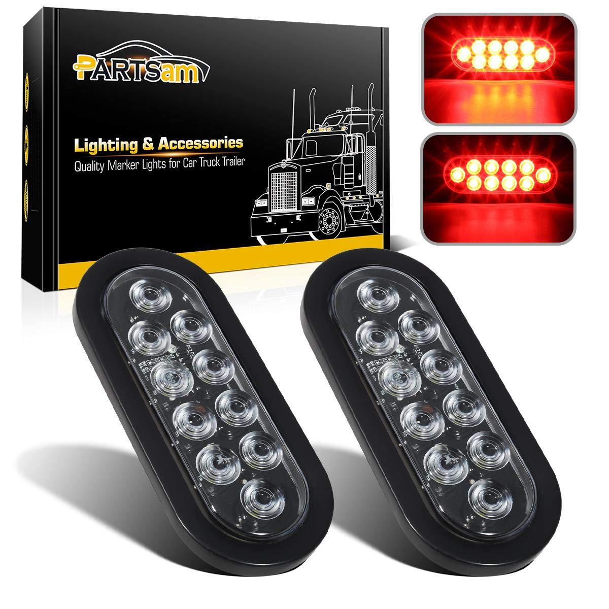 Partsam 6-inch oval red LED tail light with clear lens for bright trailer signaling.
