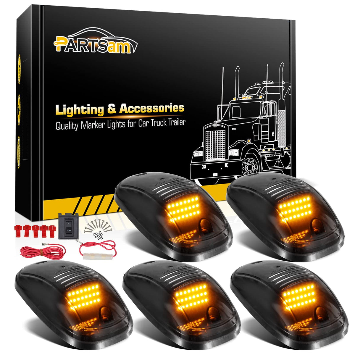 Partsam amber 24 LED smoke cab light assembly enhances signaling on trucks.