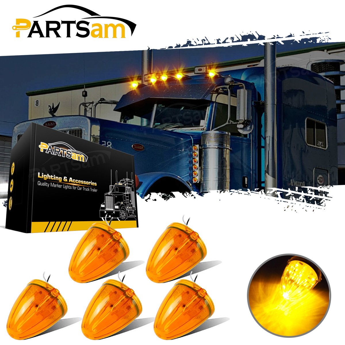 Partsam amber LED cab marker light for safer highway signaling.
