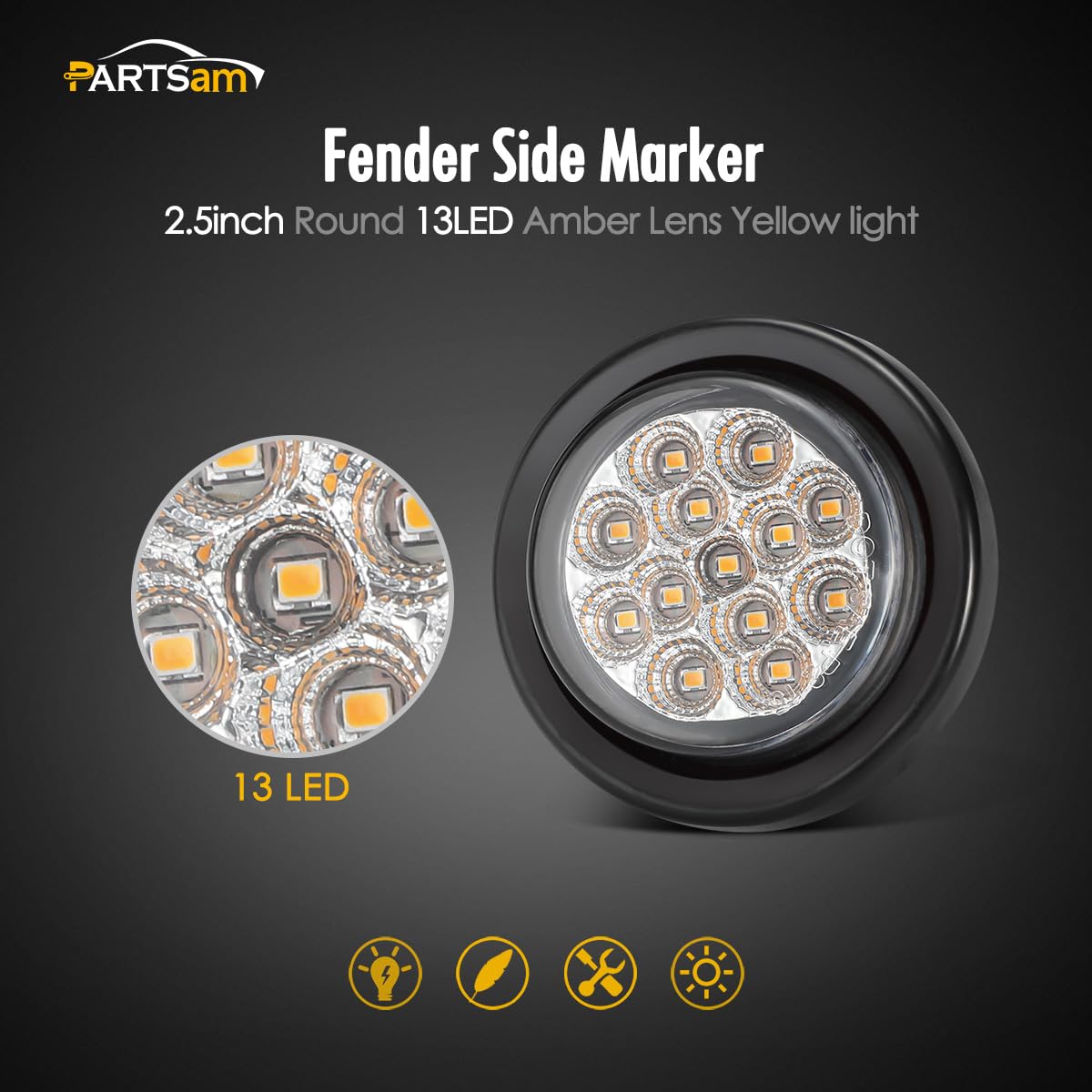 Partsam amber marker light with grommet and pigtail for easy installation.