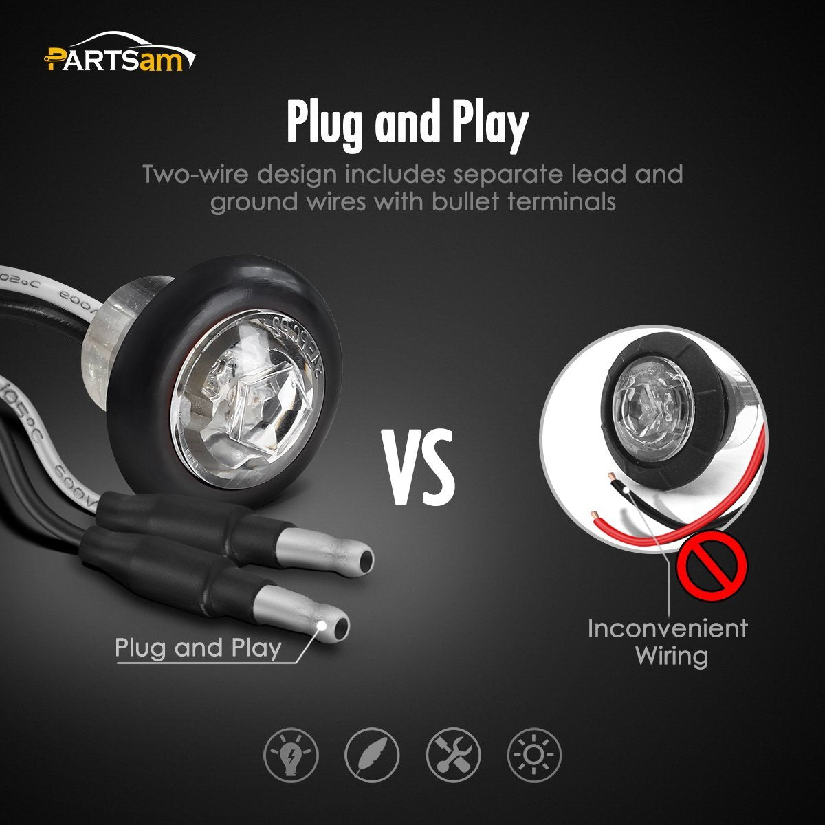 Partsam amber LED side marker 3 with plug-and-play wiring for quick installation.