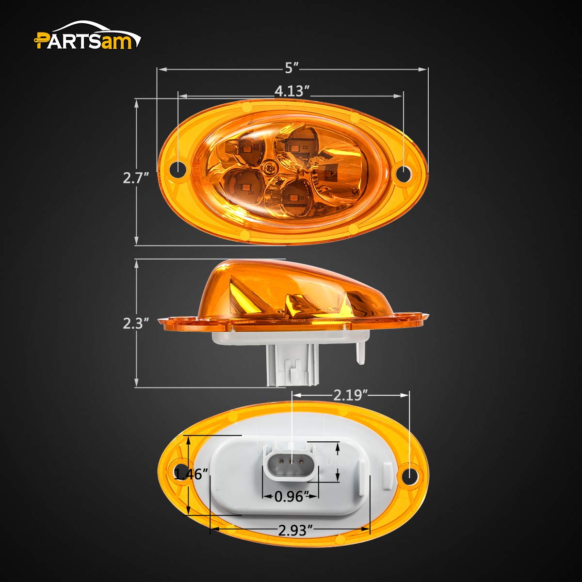 Partsam Cascadia amber LED side marker light close-up shows durable polycarbonate lens