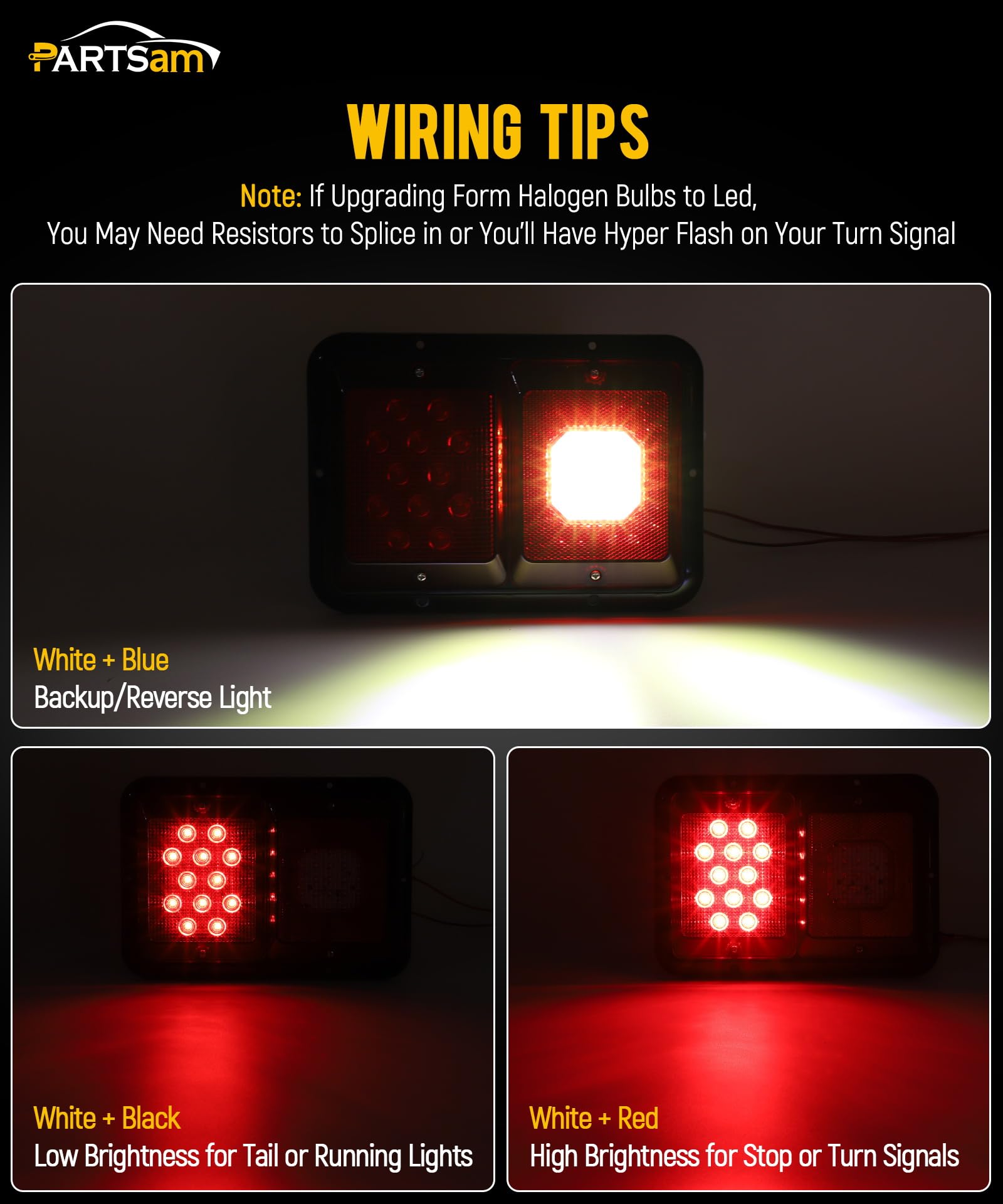 Partsam clear backup light with red reflex border for enhanced reverse visibility.