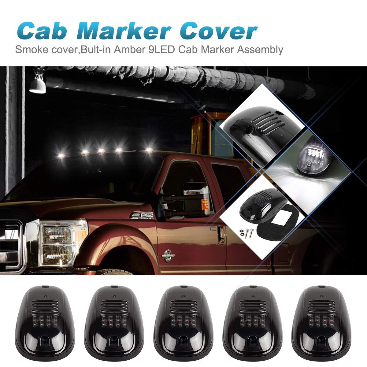 Partsam Dodge Ram roof-marker 264146BK for 2003-2018 with smoked lens and white LEDs.