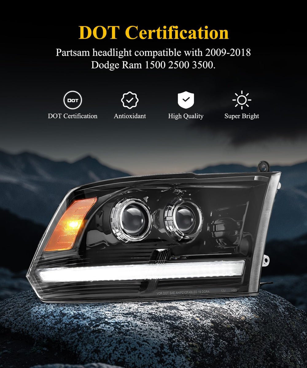 Partsam DOT and SAE approved Ram 1500 projector headlights meet standards.