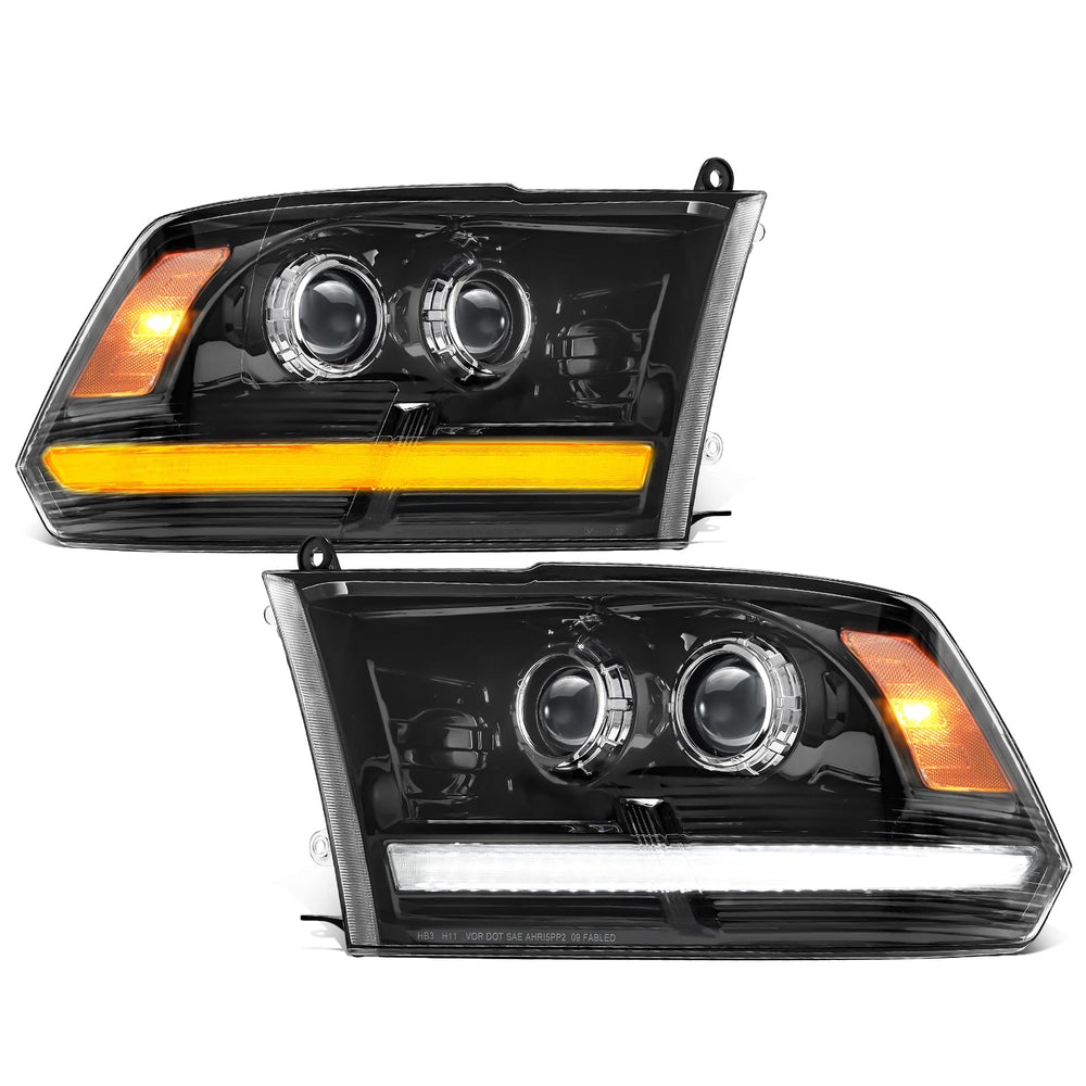 Partsam full LED headlights with dual projector for Ram 1500, enhancing daytime visibility.