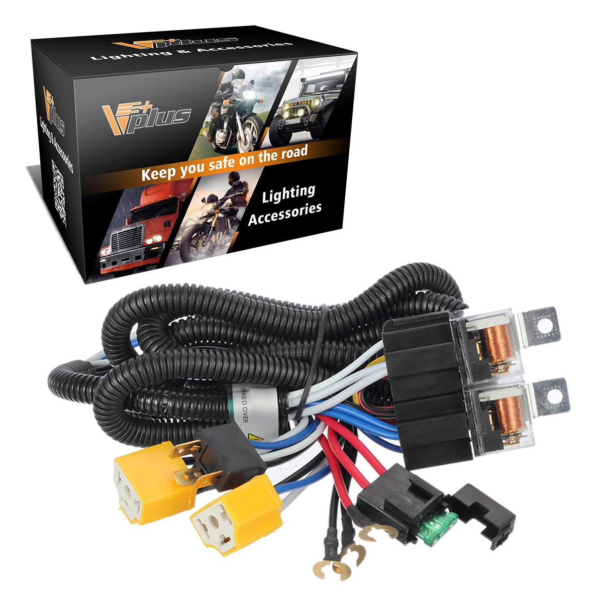Partsam H4 relay harness front view showing plug-and-play setup for easy installation.