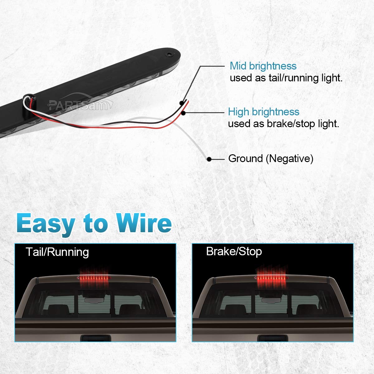 Partsam heavy-duty light bar for trucks and SUVs enhances brake and tail visibility.