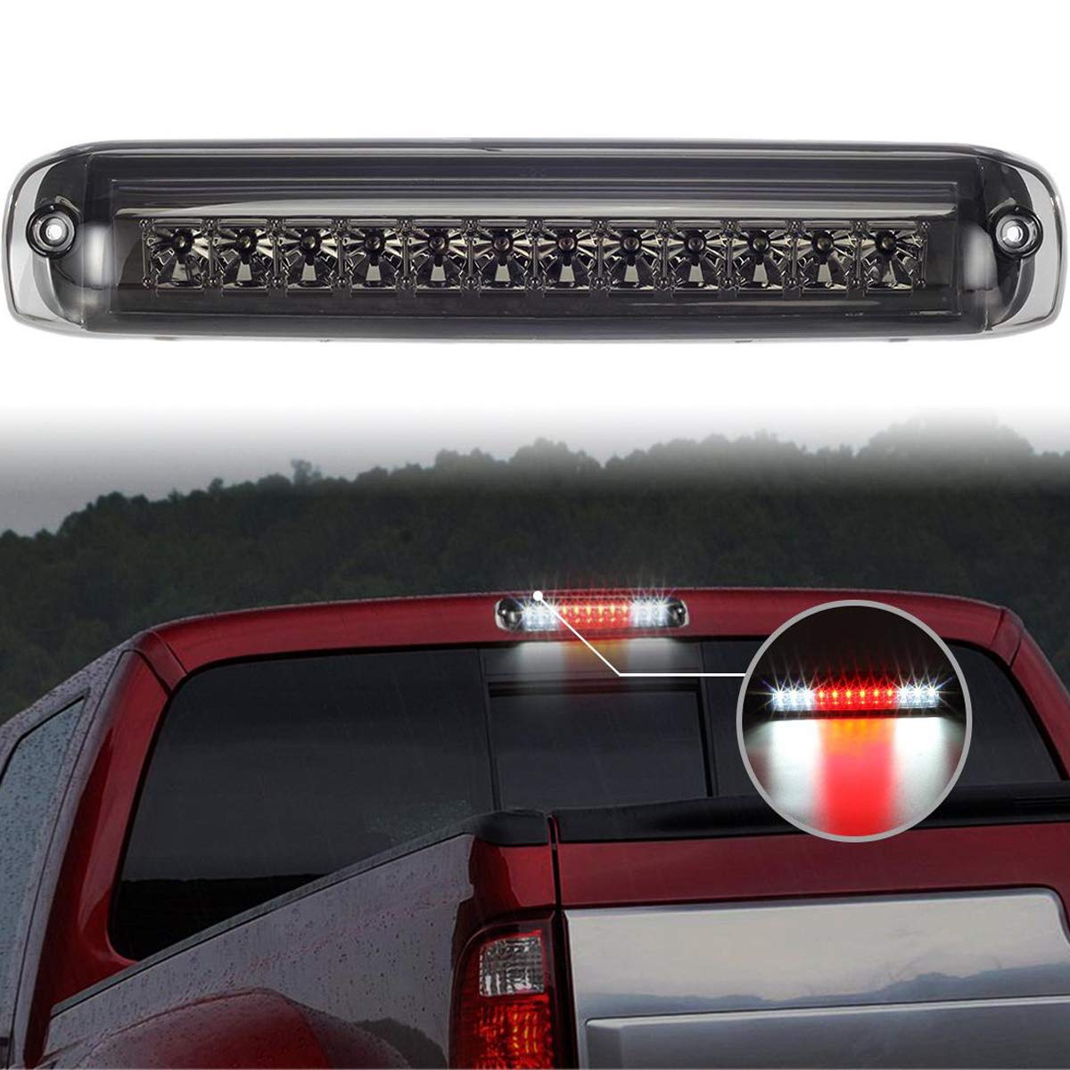 Partsam high mount stop light with chrome housing and smoke lens enhances rear visibility.