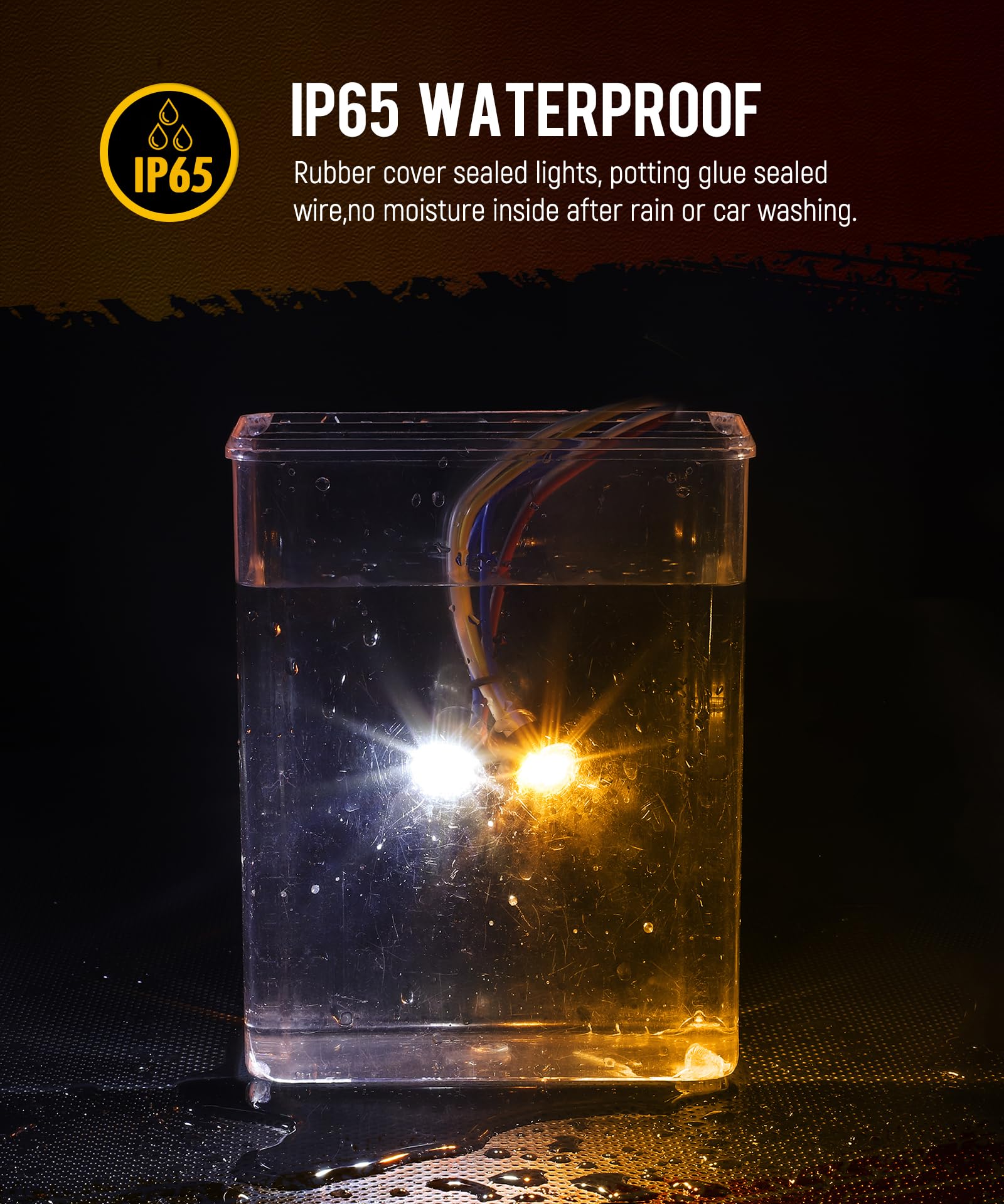 Partsam IP65 waterproof lens and seal keep lights working in rain and dust.