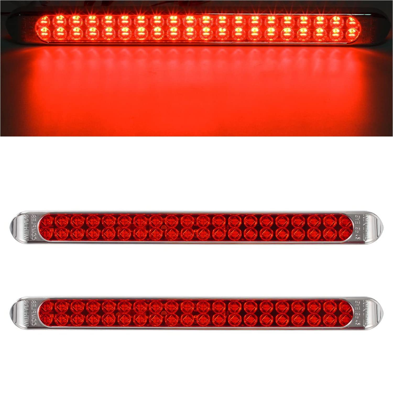 Partsam LED light bar with chrome bezel and red lens for 17-inch trailer signaling.