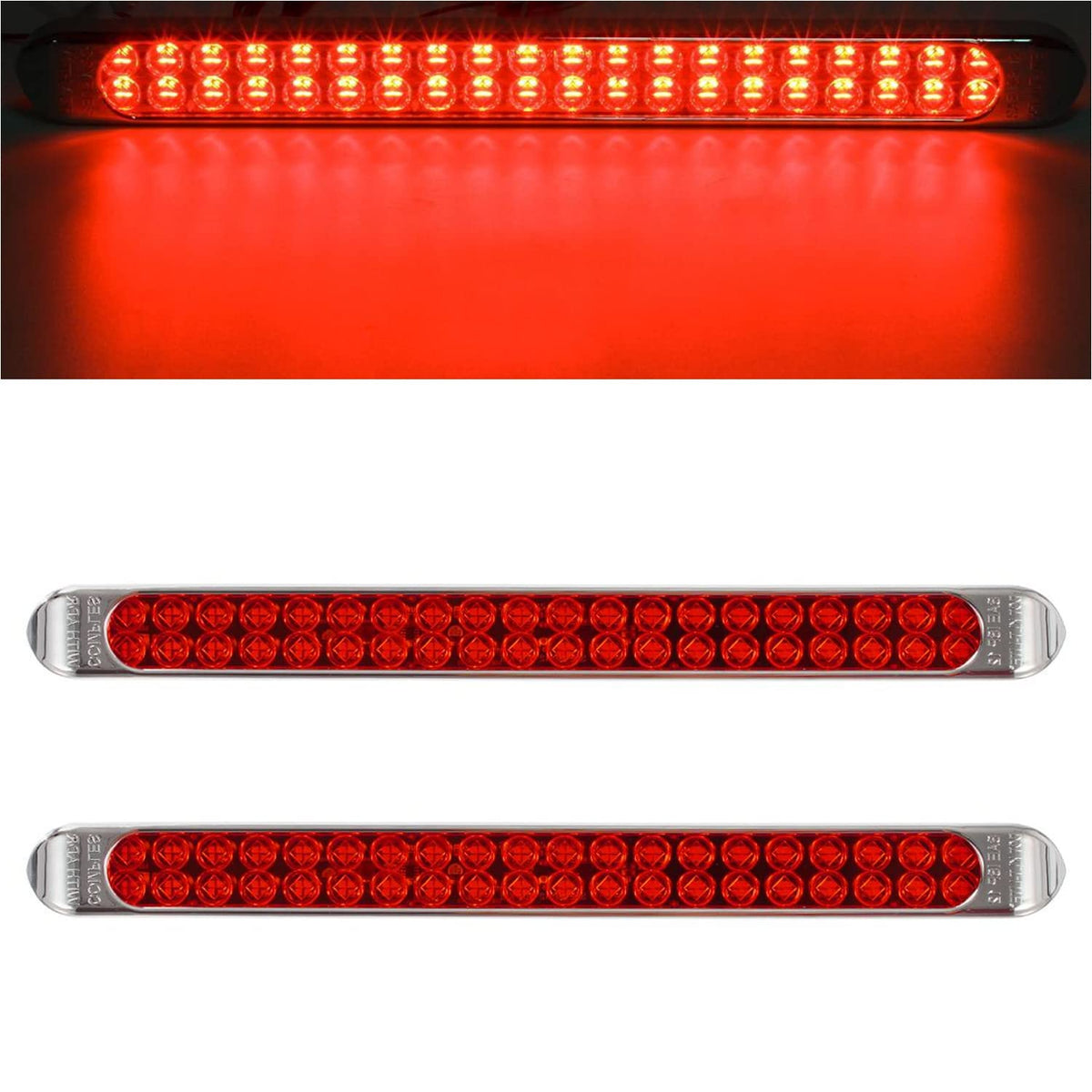 Partsam LED light bar with chrome bezel and red lens for 17-inch trailer signaling.