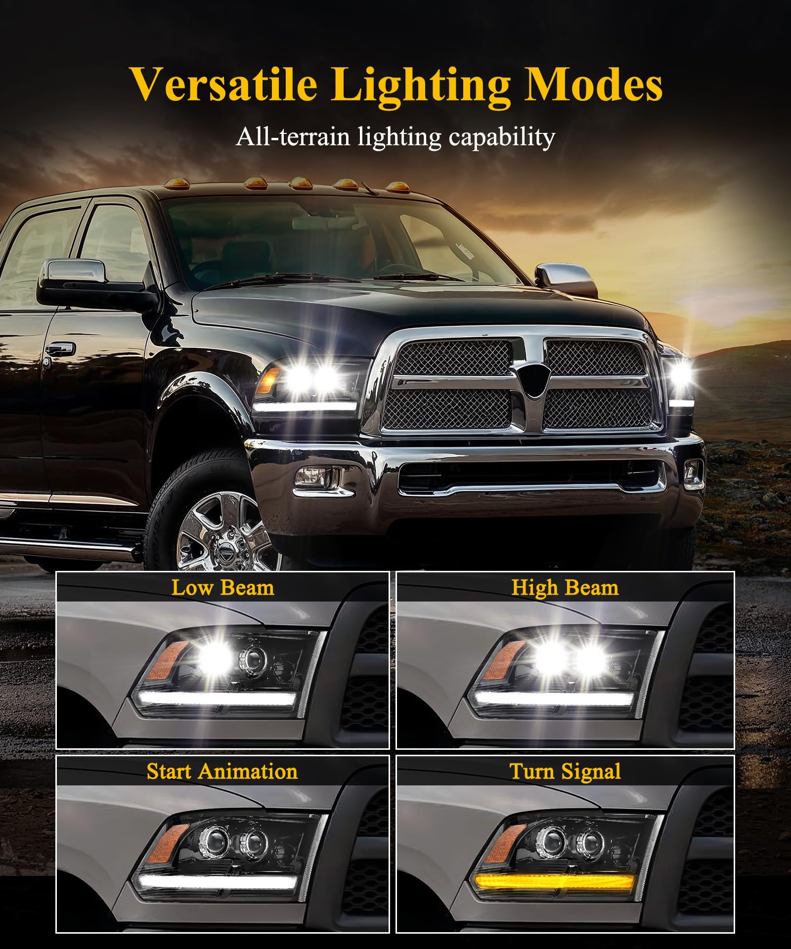 Partsam LED low and high beam headlights for Ram 1500 provide clear road view.
