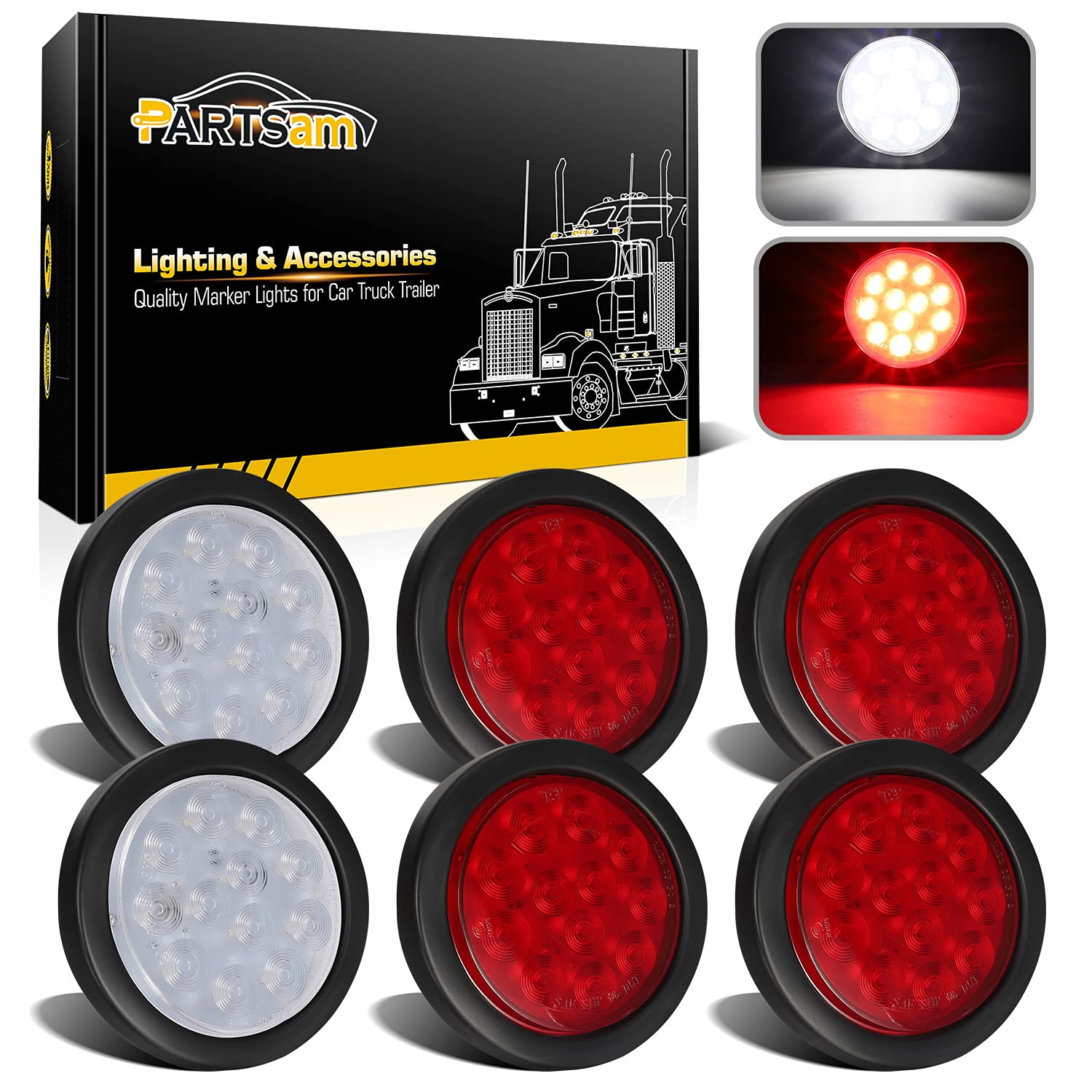 Partsam 4-inch red LED trailer light showing bright stop and turn signals for vehicles.