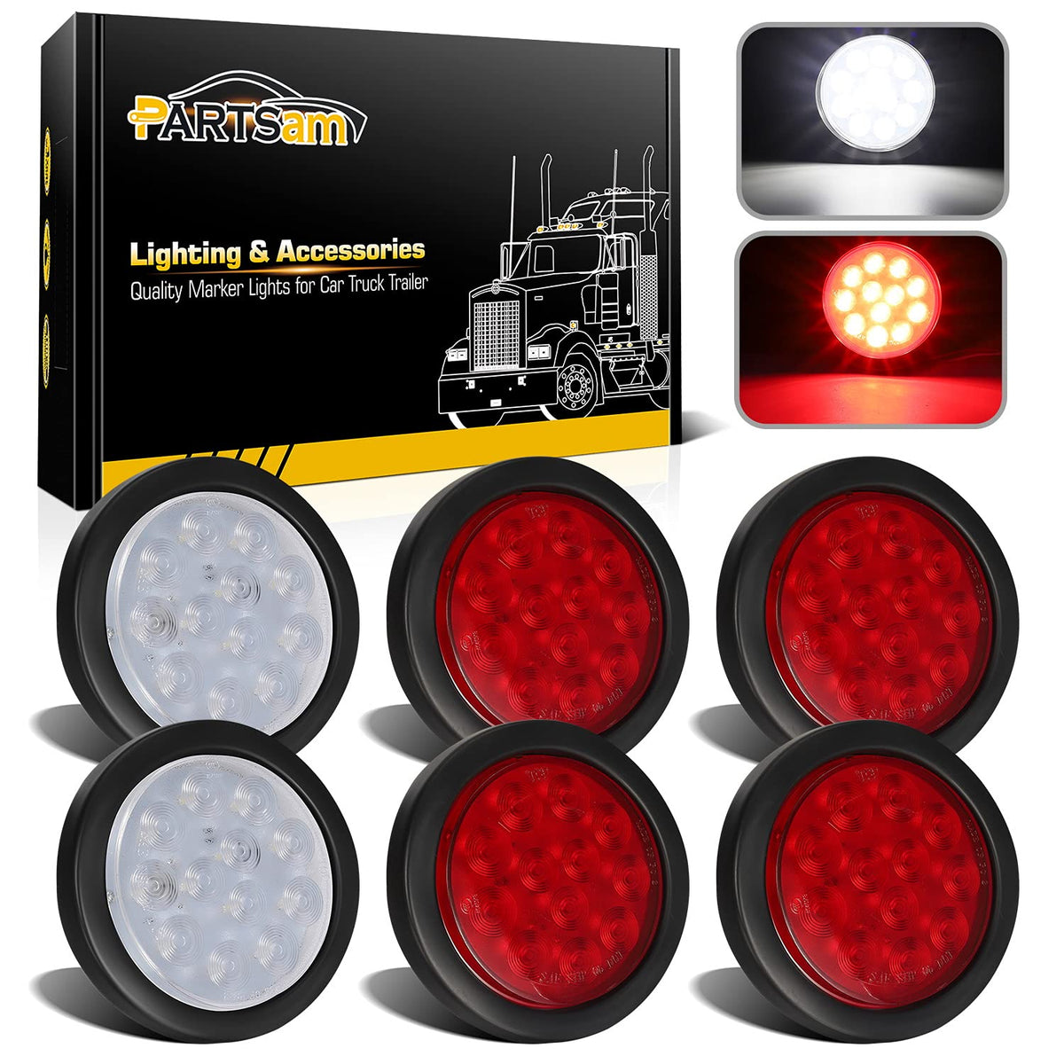 Partsam 4-inch red LED trailer light showing bright stop and turn signals for vehicles.