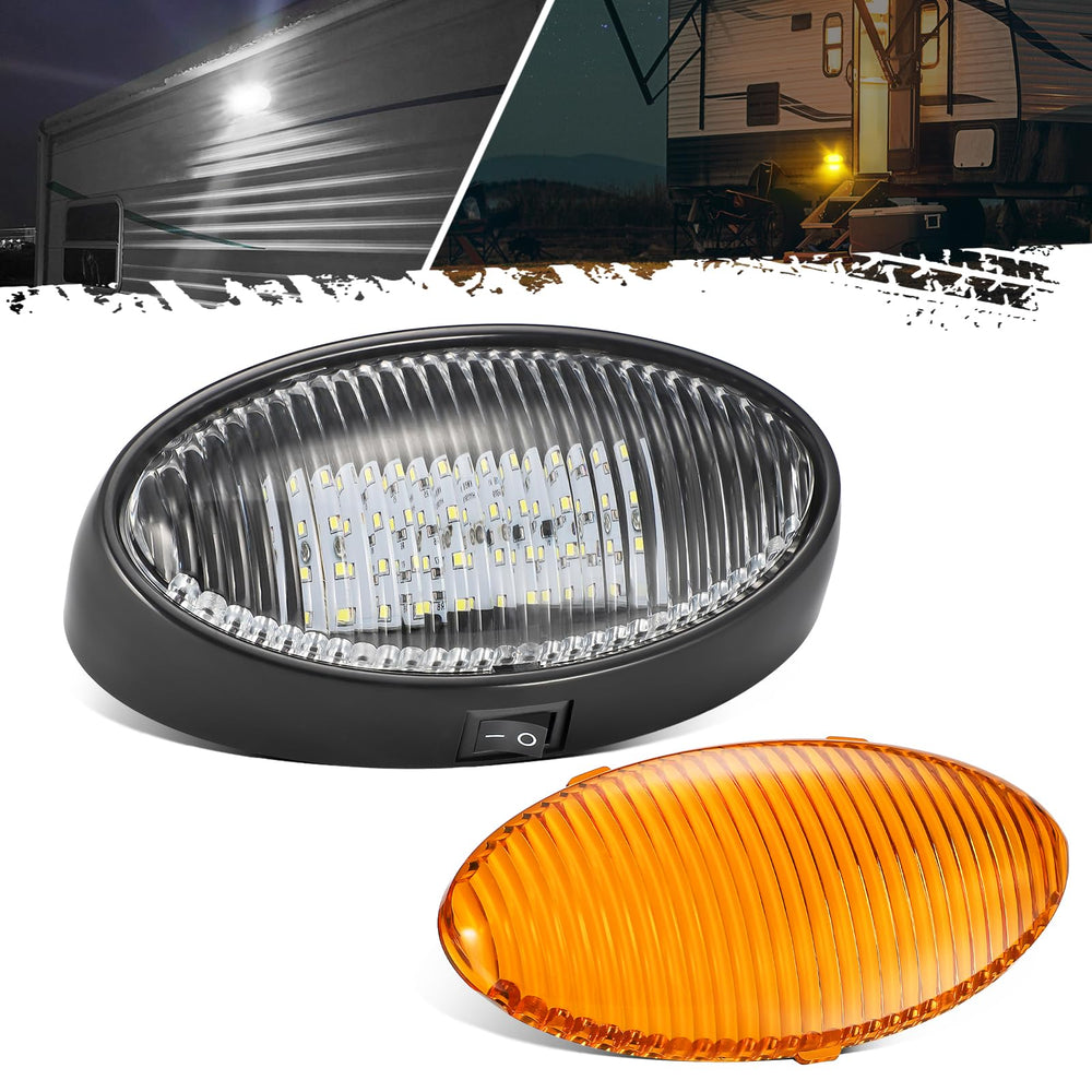 Partsam oval LED RV porch light front view showing clear lens and black base with bright exterior illumination.