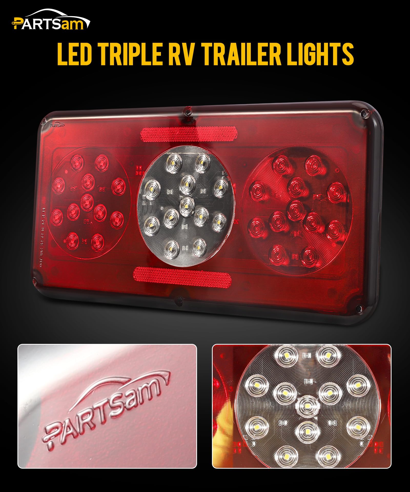 Partsam rectangle LED trailer light rear view highlighting red brake and tail illumination.