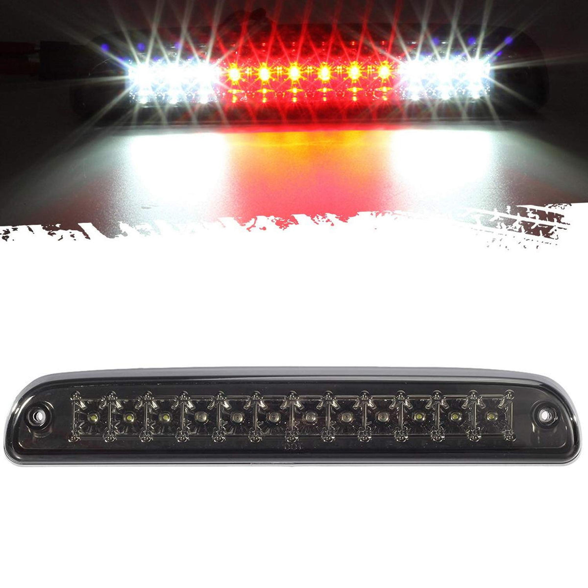 Partsam red/white 12-LED brake light with smoky lens improves visibility on Ford trucks.