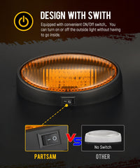 Partsam RV porch light amber lens demonstrates warm signaling for night setups.