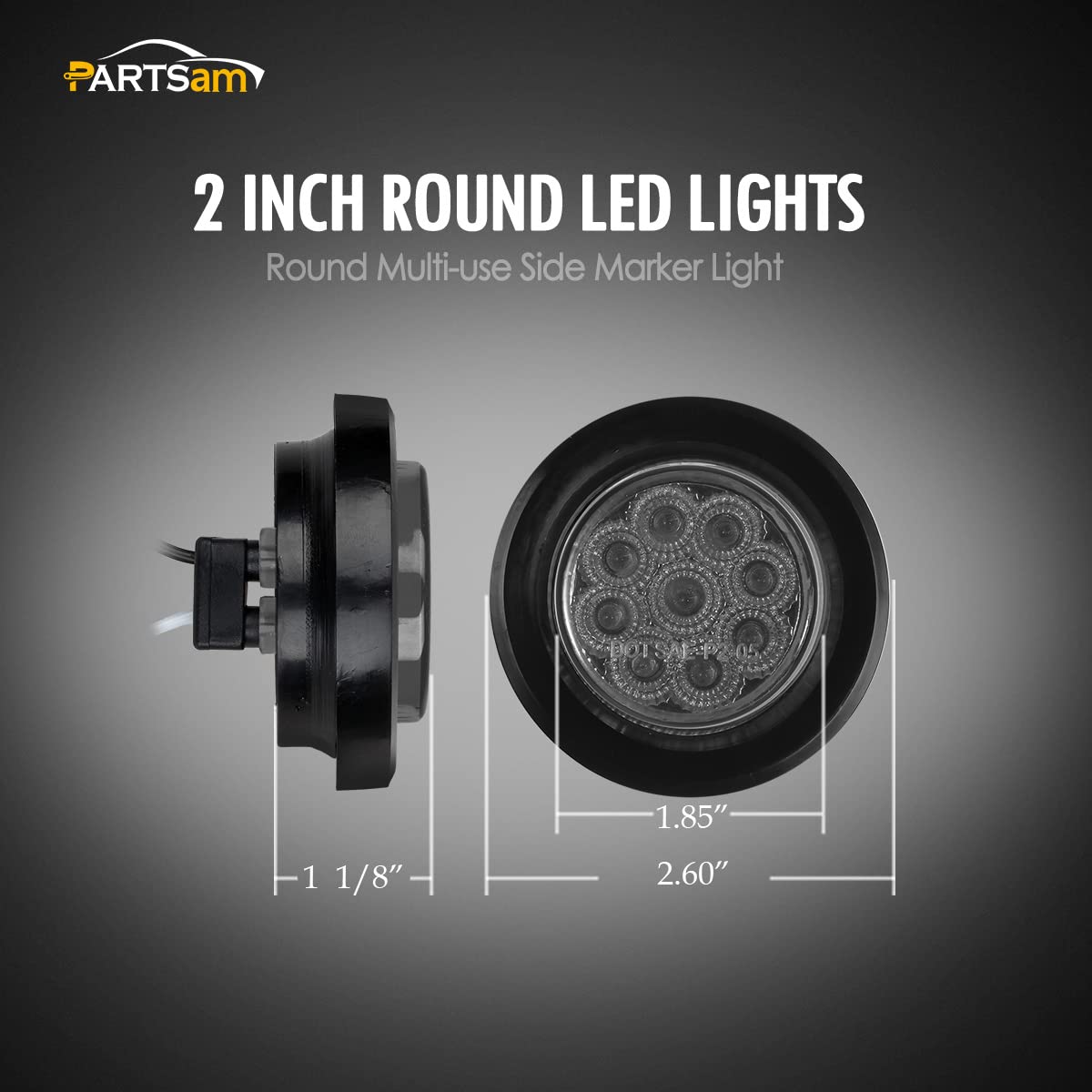 Partsam smoked-lens 2-inch round LED close-up showing bright output