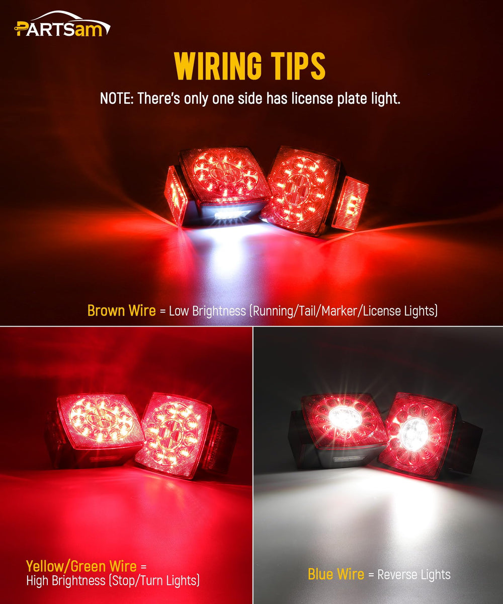 Partsam square LED trailer light back view highlighting tail and reverse lighting.