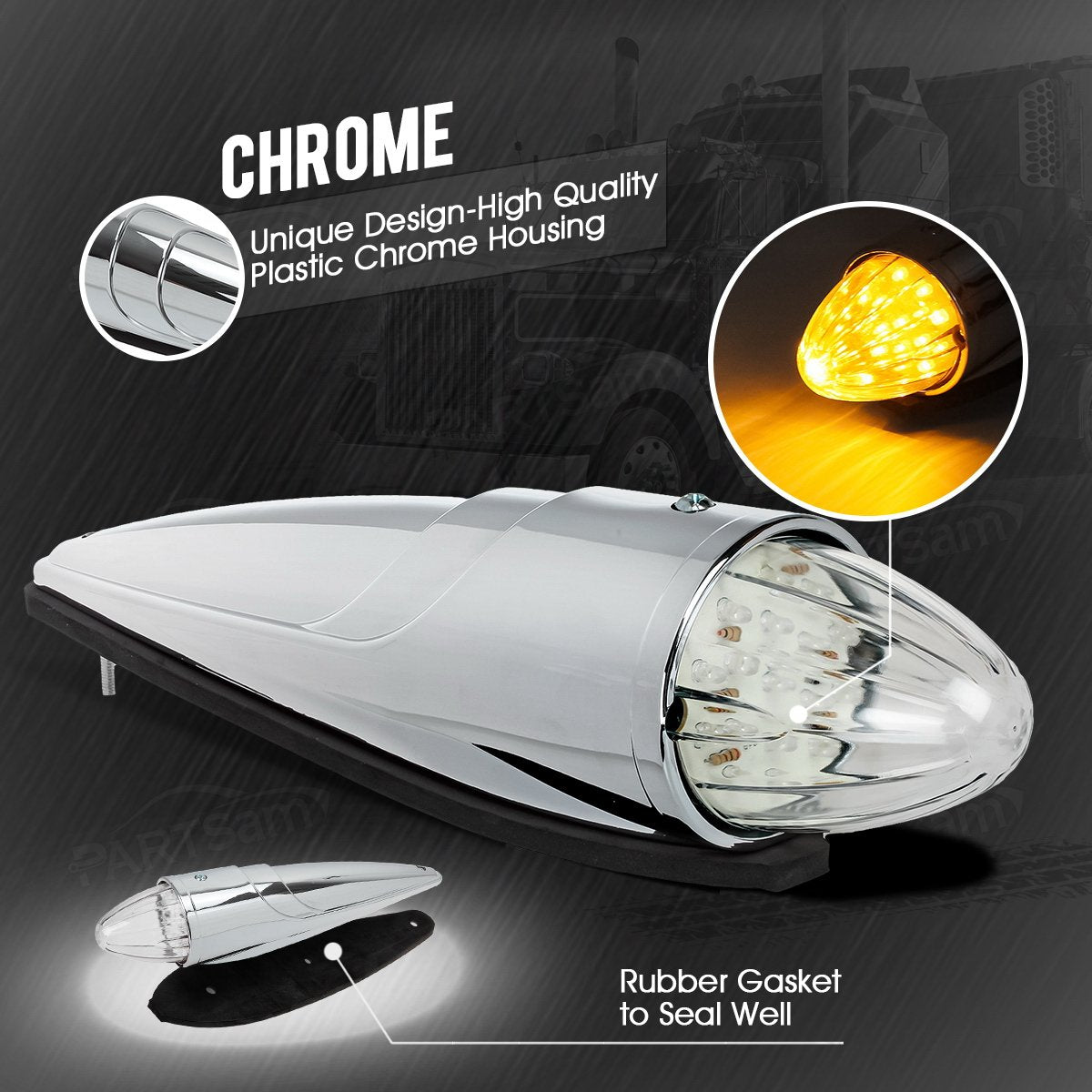Partsam torpedo chrome cab marker top roof light with rugged, watertight design.