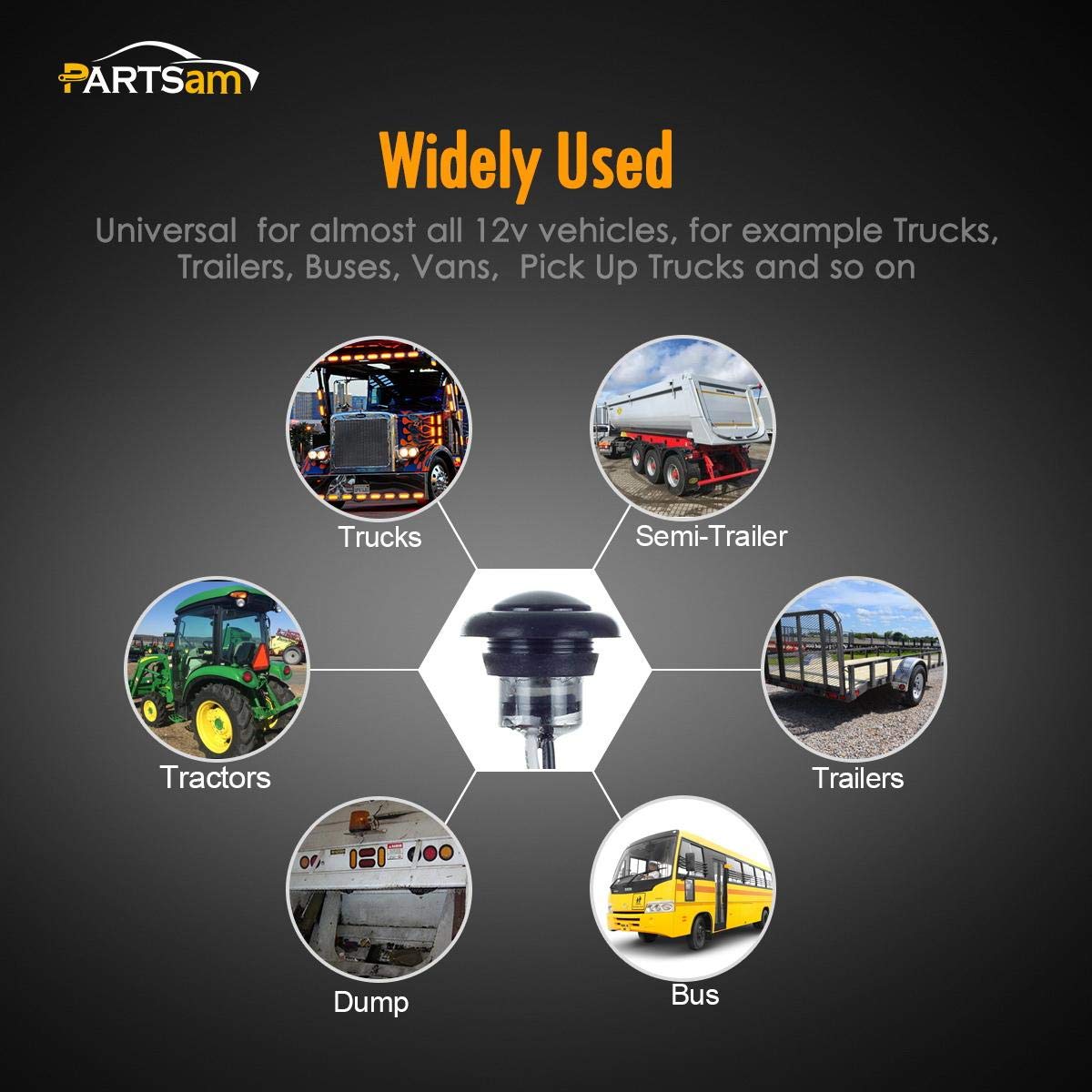 Partsam universal 12V compatibility covers trailers, RVs, and trucks.
