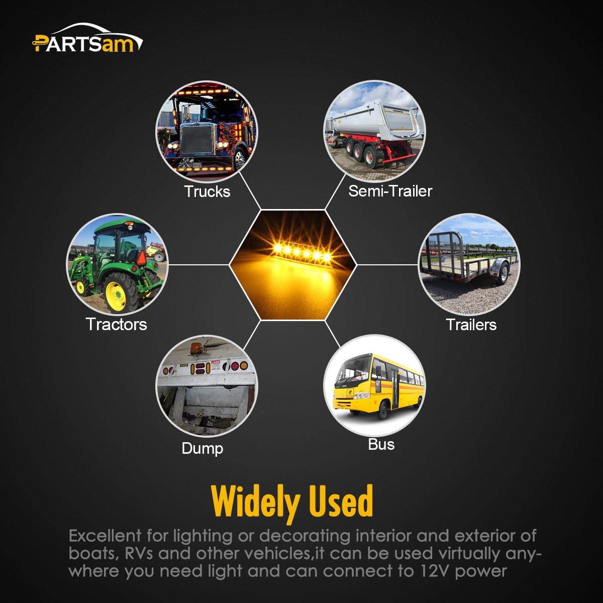 Partsam universal side marker suitable for buses, trucks, trailers, and vans.