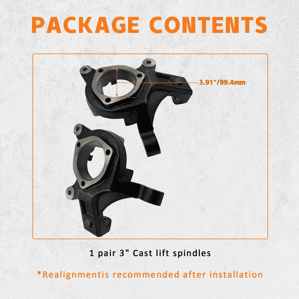 PartsFlow 3-inch lift spindles installed on front of a Silverado.