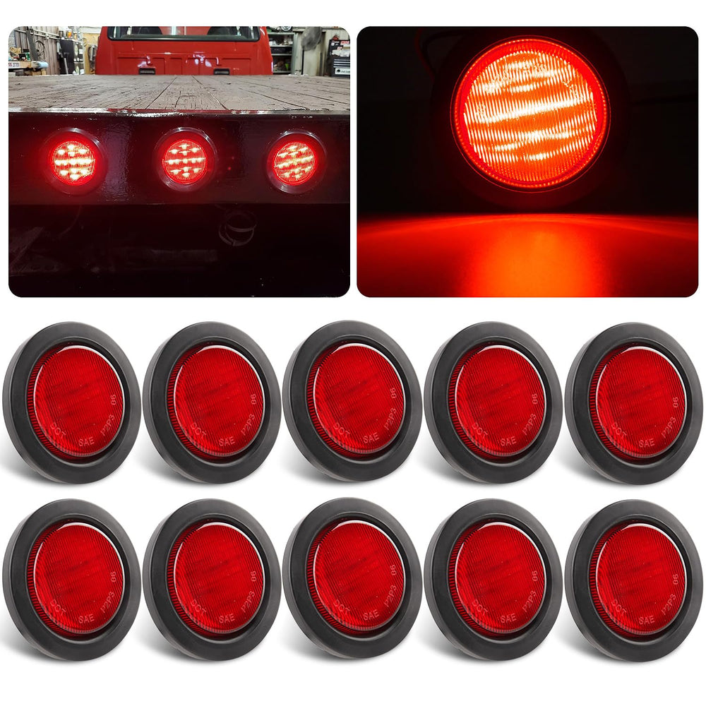 Partswcgg 2.5 inch round red LED marker light closeup shows 13 LEDs for enhanced visibility.