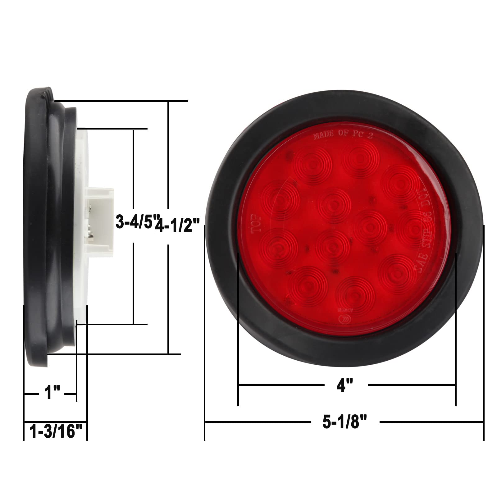 Partswcgg 4in round LED tail light with three-prong wiring, simple installation guide.